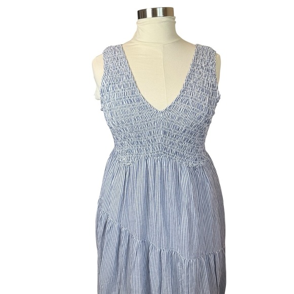 Free People Juno Tiered Maxi Dress Large Blue Striped Cotton Smocked Boho Flowy - Picture 4 of 16